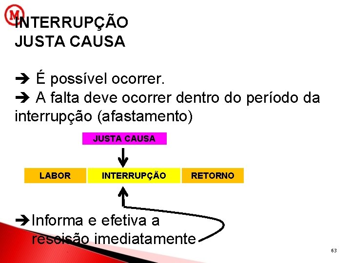 INTERRUPÇÃO JUSTA CAUSA É possível ocorrer. A falta deve ocorrer dentro do período da