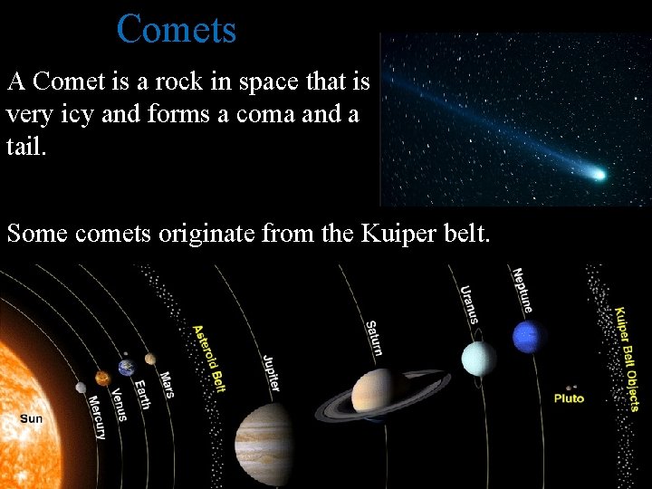 Comets A Comet is a rock in space that is very icy and forms