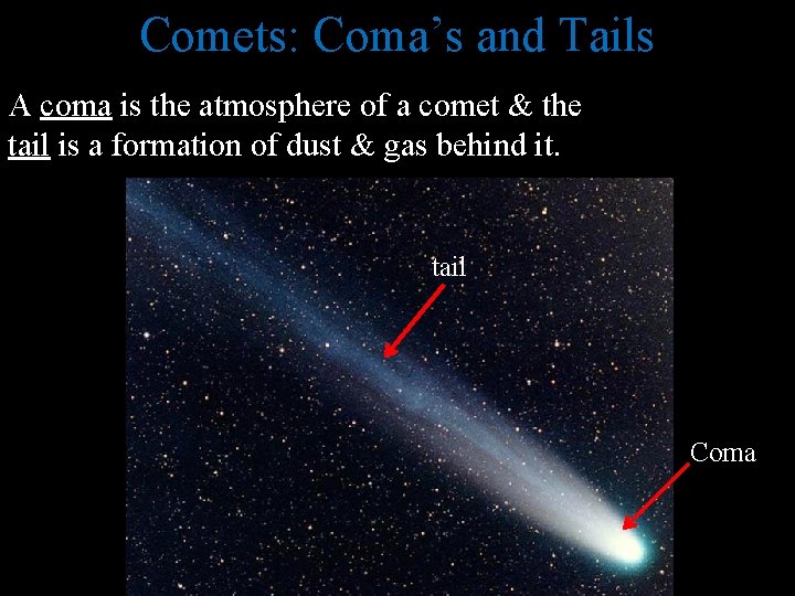 Comets: Coma’s and Tails A coma is the atmosphere of a comet & the