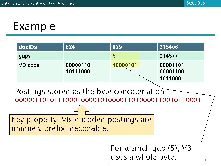 Sec. 5. 3 Introduction to Information Retrieval Example doc. IDs 824 gaps VB code