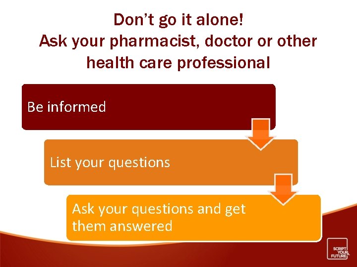 Don’t go it alone! Ask your pharmacist, doctor or other health care professional Be