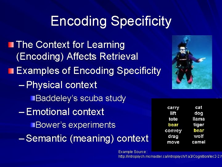 Encoding Specificity The Context for Learning (Encoding) Affects Retrieval Examples of Encoding Specificity –