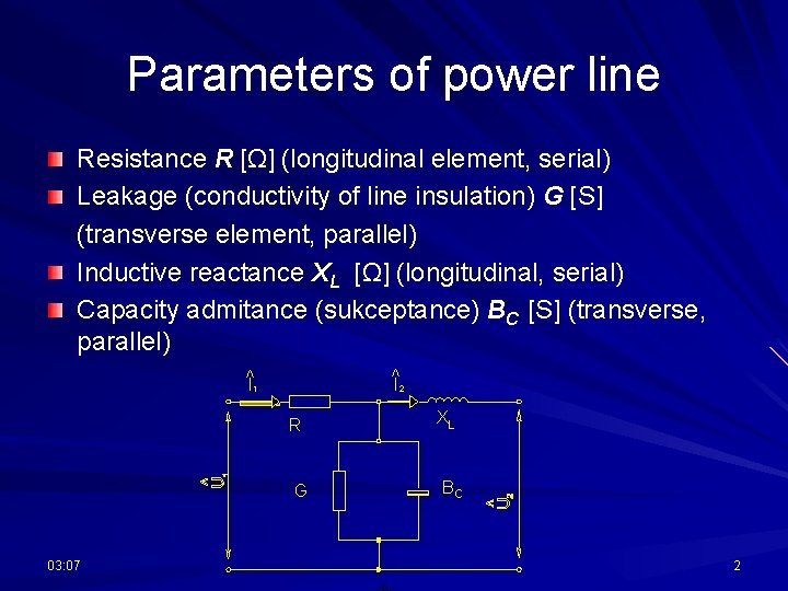Parameters of power line Resistance R [Ω] (longitudinal element, serial) Leakage (conductivity of line
