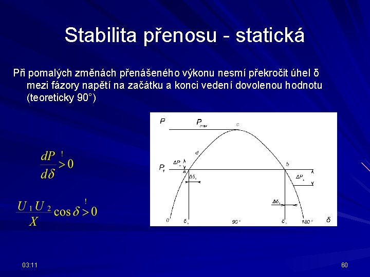 Stabilita přenosu - statická Při pomalých změnách přenášeného výkonu nesmí překročit úhel δ mezi