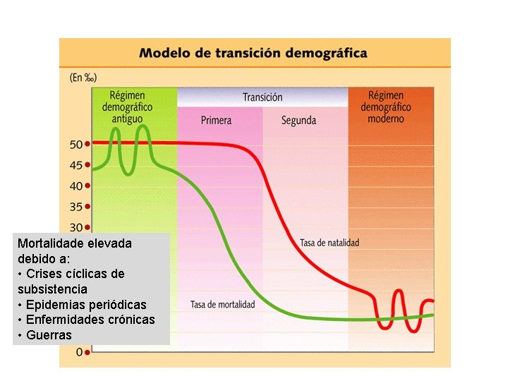 Mortalidade elevada debido a: • Crises cíclicas de subsistencia • Epidemias periódicas • Enfermidades