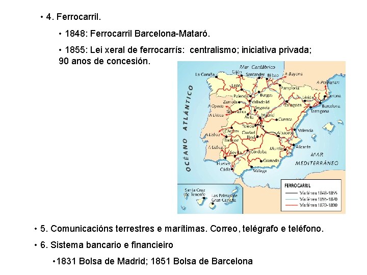  • 4. Ferrocarril. • 1848: Ferrocarril Barcelona-Mataró. • 1855: Lei xeral de ferrocarrís: