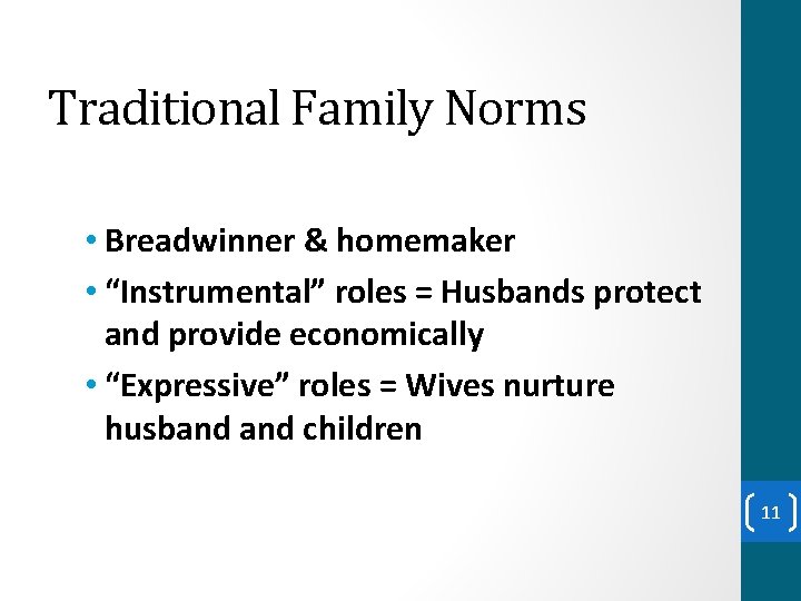 Traditional Family Norms • Breadwinner & homemaker • “Instrumental” roles = Husbands protect and