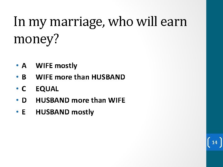 In my marriage, who will earn money? • • • A B C D