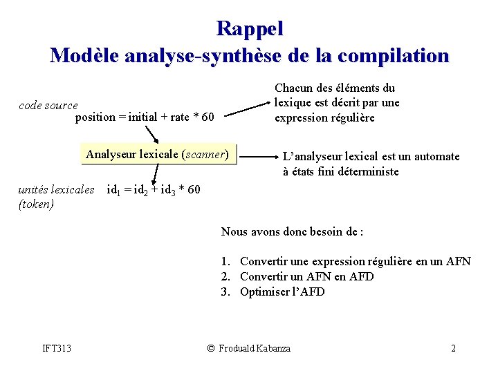 Rappel Modèle analyse-synthèse de la compilation Chacun des éléments du lexique est décrit par