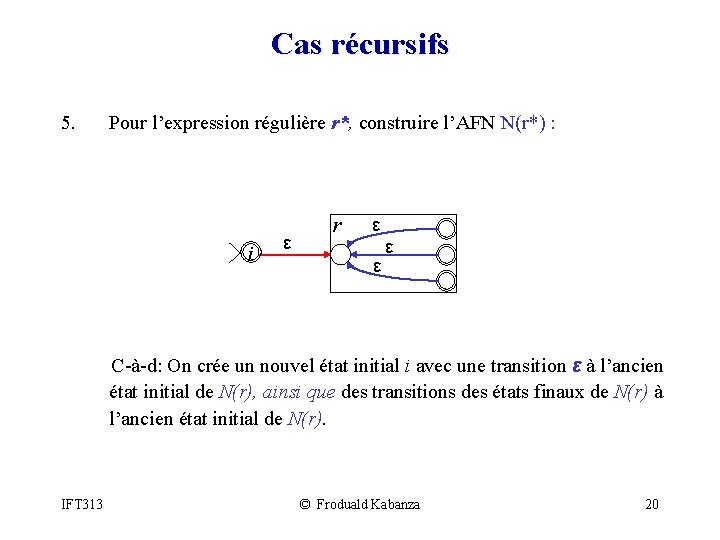 Cas récursifs 5. Pour l’expression régulière r*, construire l’AFN N(r*) : i ε r
