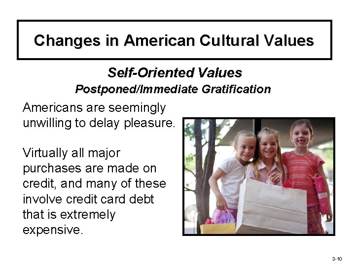 Changes in American Cultural Values Self-Oriented Values Postponed/Immediate Gratification Americans are seemingly unwilling to