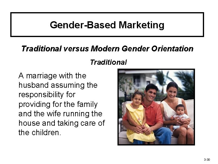 Gender-Based Marketing Traditional versus Modern Gender Orientation Traditional A marriage with the husband assuming