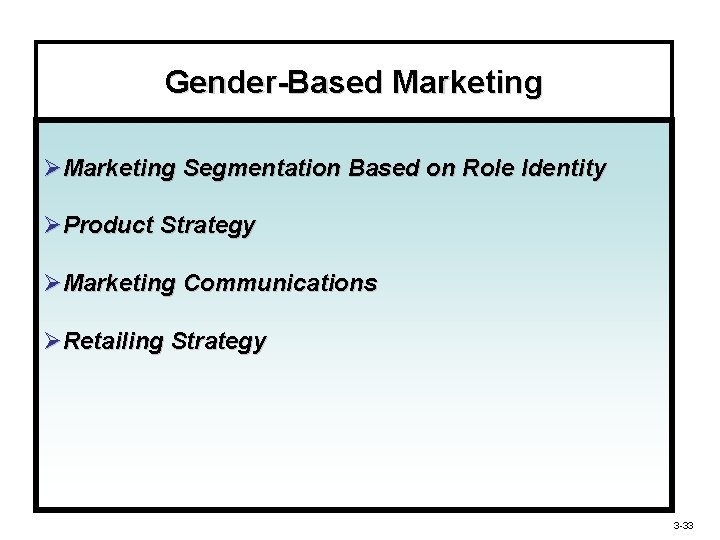 Gender-Based Marketing ØMarketing Segmentation Based on Role Identity ØProduct Strategy ØMarketing Communications ØRetailing Strategy