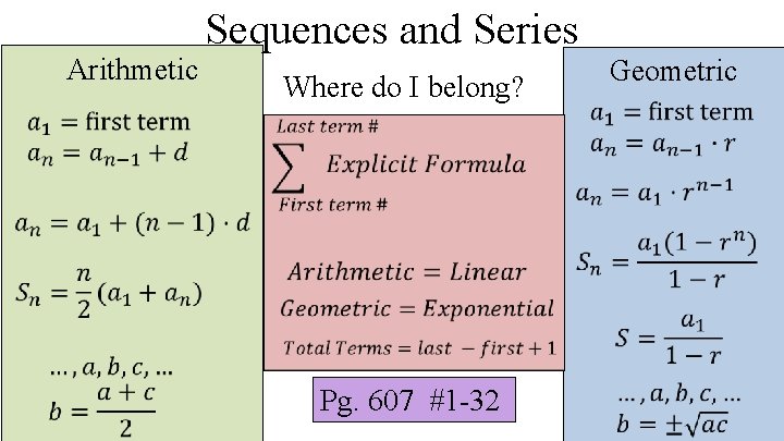 Arithmetic Sequences and Series Geometric Where do I belong? Pg. 607 #1 -32 