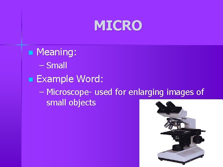 MICRO n Meaning: – Small n Example Word: – Microscope- used for enlarging images MICRO n Meaning: – Small n Example Word: – Microscope- used for enlarging images