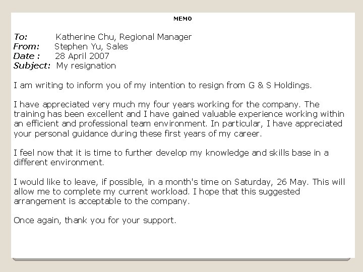 MEMO To: Katherine Chu, Regional Manager From: Stephen Yu, Sales Date : 28 April