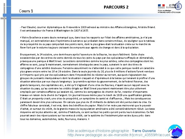 Cours 1 PARCOURS 2 - Paul Claudel, courrier diplomatique du 6 novembre 1929 adressé Cours 1 PARCOURS 2 - Paul Claudel, courrier diplomatique du 6 novembre 1929 adressé