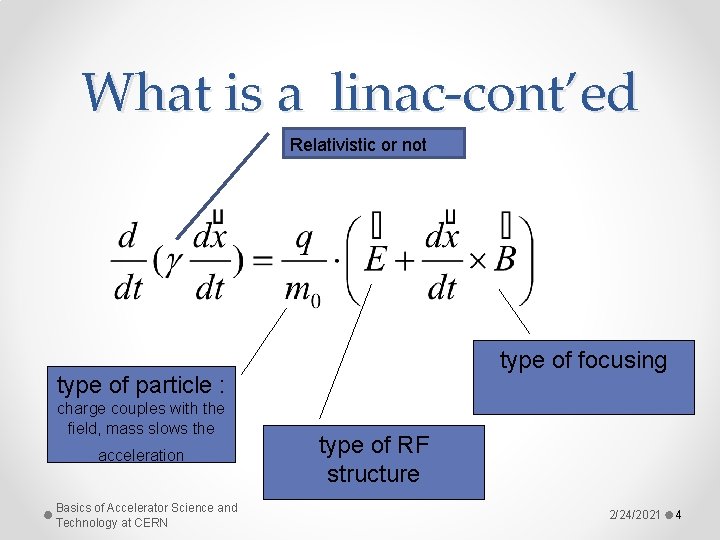 What is a linac-cont’ed Relativistic or not type of focusing type of particle :