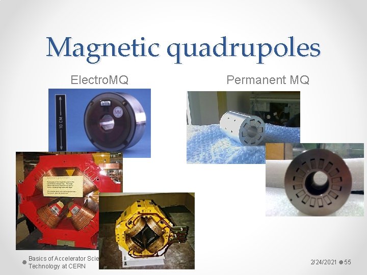 Magnetic quadrupoles Electro. MQ Basics of Accelerator Science and Technology at CERN Permanent MQ