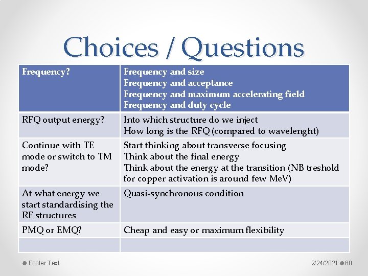 Choices / Questions Frequency? Frequency and size Frequency and acceptance Frequency and maximum accelerating