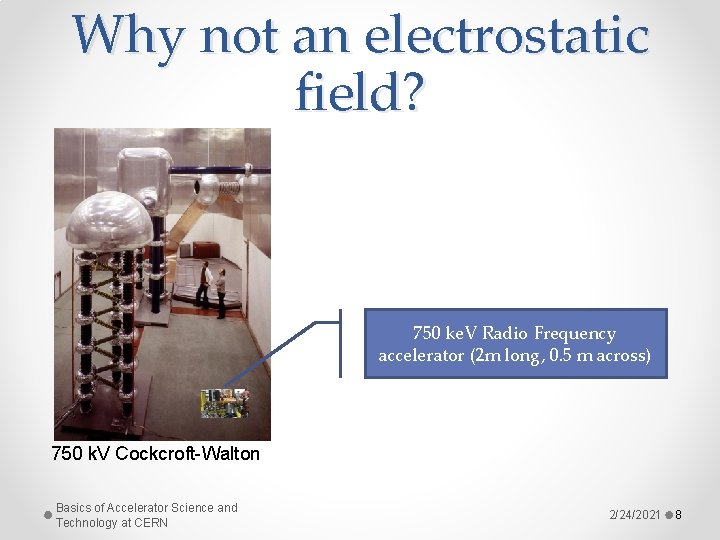 Why not an electrostatic field? 750 ke. V Radio Frequency accelerator (2 m long,