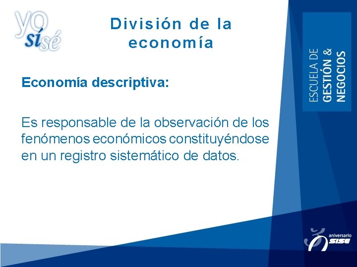 División de la economía Economía descriptiva: Es responsable de la observación de los fenómenos División de la economía Economía descriptiva: Es responsable de la observación de los fenómenos
