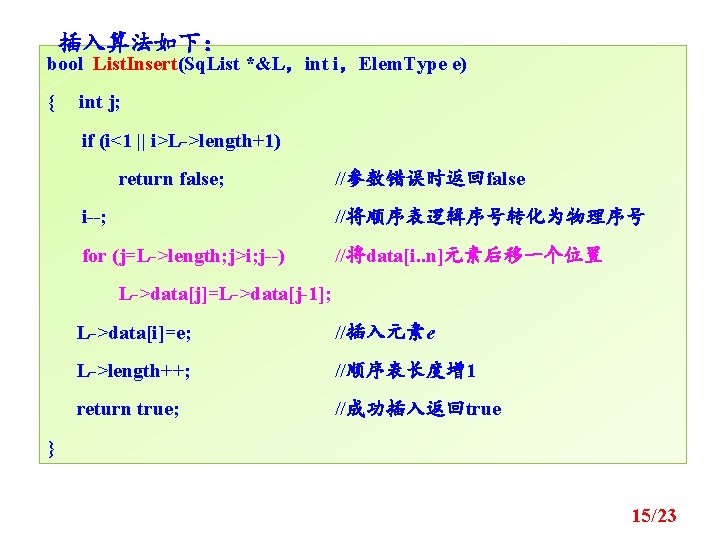 插入算法如下： bool List. Insert(Sq. List *&L，int i，Elem. Type e) { int j; if (i<1