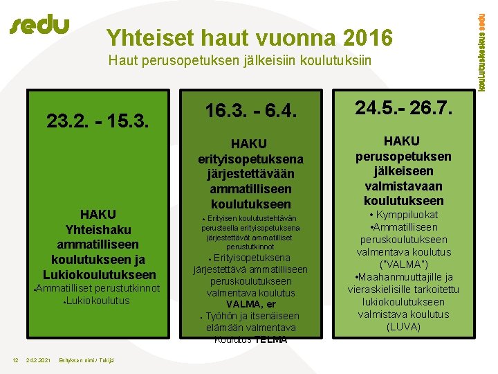 Yhteiset haut vuonna 2016 Haut perusopetuksen jälkeisiin koulutuksiin 23. 2. - 15. 3. HAKU