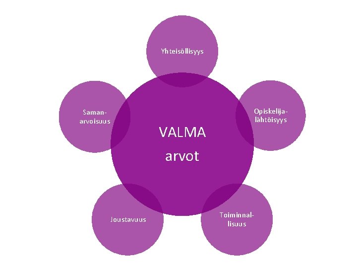 Yhteisöllisyys Samanarvoisuus VALMA arvot Joustavuus Opiskelijalähtöisyys Toiminnallisuus 