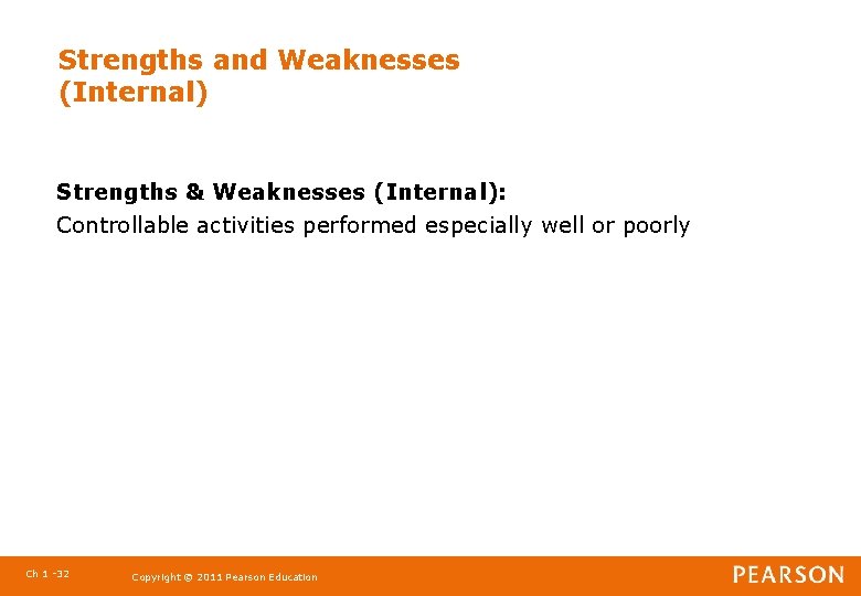 Strengths and Weaknesses (Internal) Strengths & Weaknesses (Internal): Controllable activities performed especially well or