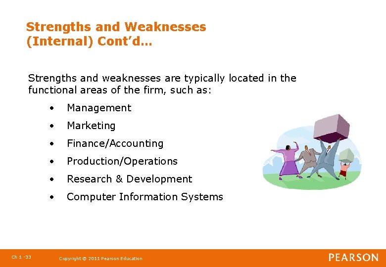Strengths and Weaknesses (Internal) Cont’d… Strengths and weaknesses are typically located in the functional