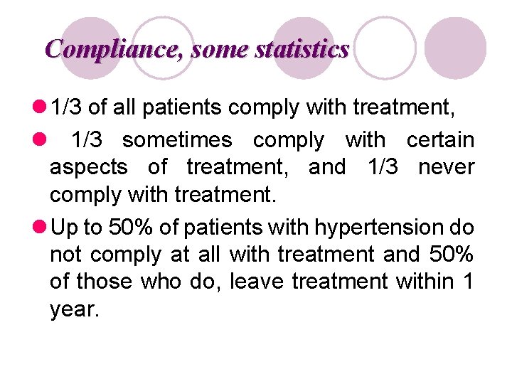 Compliance, some statistics l 1/3 of all patients comply with treatment, l 1/3 sometimes