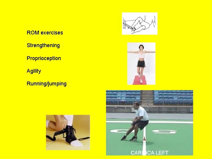 ROM exercises Strengthening Proprioception Agility Running/jumping 