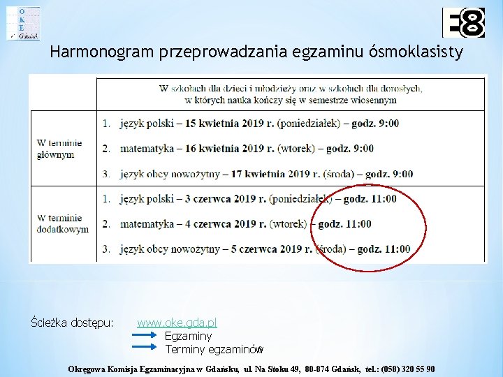 Harmonogram przeprowadzania egzaminu ósmoklasisty Ścieżka dostępu: www. oke. gda. pl Egzaminy 6 Terminy egzaminów
