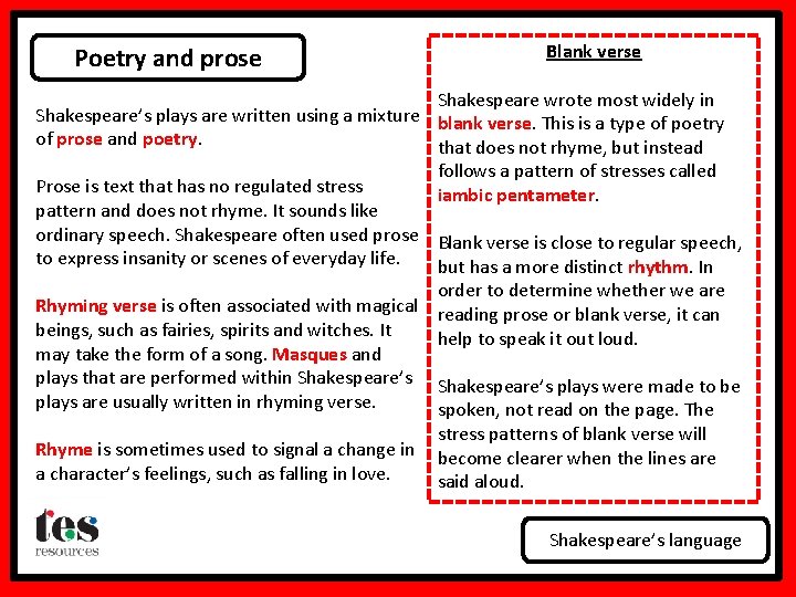 Poetry and prose Blank verse Shakespeare wrote most widely in Shakespeare’s plays are written