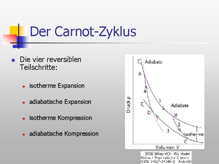 Der Carnot-Zyklus n Die vier reversiblen Teilschritte: n isotherme Expansion n adiabatische Expansion n