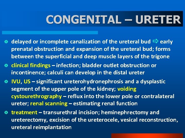 CONGENITAL – URETER ] ] delayed or incomplete canalization of the ureteral bud early