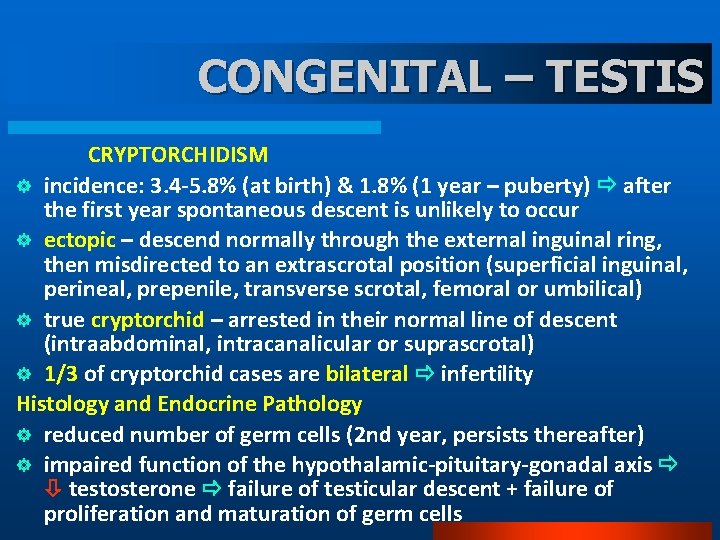 CONGENITAL – TESTIS CRYPTORCHIDISM ] incidence: 3. 4 -5. 8% (at birth) & 1.