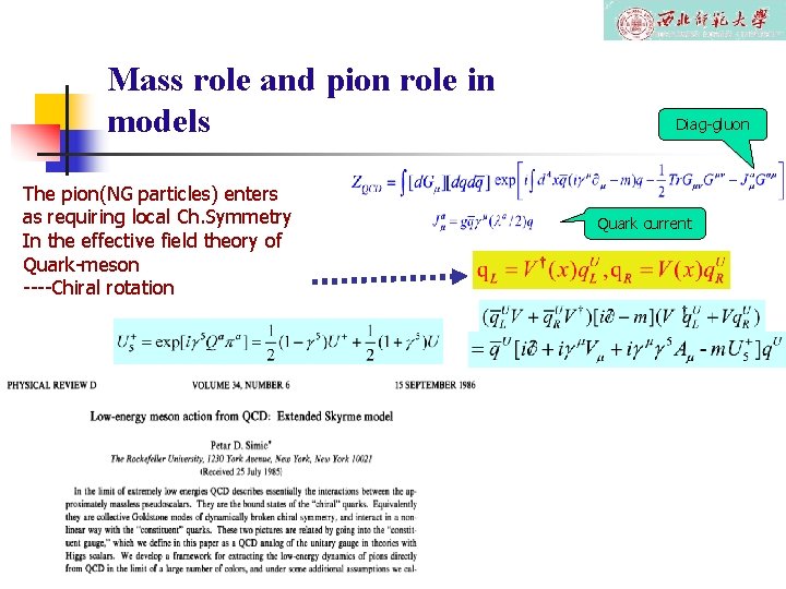 Mass role and pion role in models The pion(NG particles) enters as requiring local