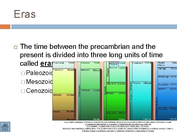 Eras The time between the precambrian and the present is divided into three long Eras The time between the precambrian and the present is divided into three long
