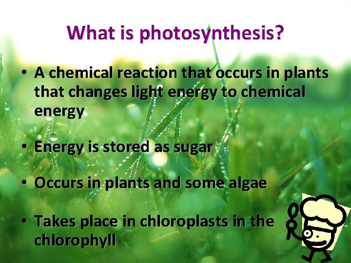 What is photosynthesis? • A chemical reaction that occurs in plants that changes light