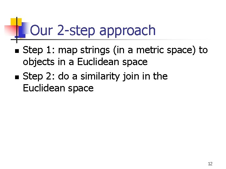 Our 2 -step approach n n Step 1: map strings (in a metric space)