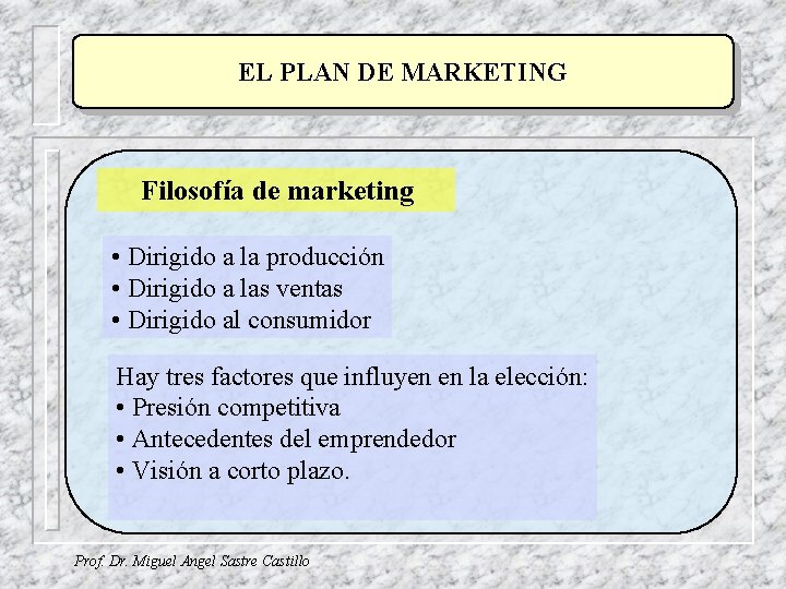 EL PLAN DE MARKETING Filosofía de marketing • Dirigido a la producción • Dirigido EL PLAN DE MARKETING Filosofía de marketing • Dirigido a la producción • Dirigido