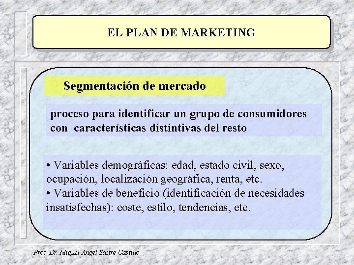 EL PLAN DE MARKETING Segmentación de mercado proceso para identificar un grupo de consumidores EL PLAN DE MARKETING Segmentación de mercado proceso para identificar un grupo de consumidores