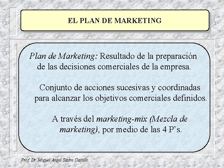 EL PLAN DE MARKETING Plan de Marketing: Resultado de la preparación de las decisiones EL PLAN DE MARKETING Plan de Marketing: Resultado de la preparación de las decisiones