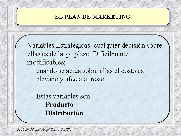 EL PLAN DE MARKETING Variables Estratégicas: cualquier decisión sobre ellas es de largo plazo. EL PLAN DE MARKETING Variables Estratégicas: cualquier decisión sobre ellas es de largo plazo.