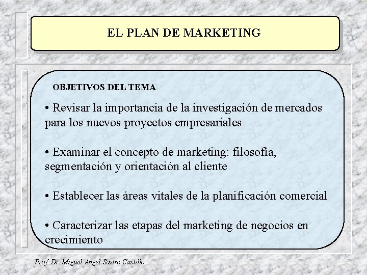 EL PLAN DE MARKETING OBJETIVOS DEL TEMA • Revisar la importancia de la investigación EL PLAN DE MARKETING OBJETIVOS DEL TEMA • Revisar la importancia de la investigación