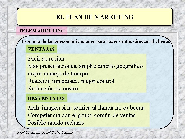 EL PLAN DE MARKETING TELEMARKETING Es el uso de las telecomunicaciones para hacer ventas EL PLAN DE MARKETING TELEMARKETING Es el uso de las telecomunicaciones para hacer ventas