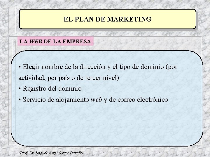 EL PLAN DE MARKETING LA WEB DE LA EMPRESA • Elegir nombre de la EL PLAN DE MARKETING LA WEB DE LA EMPRESA • Elegir nombre de la