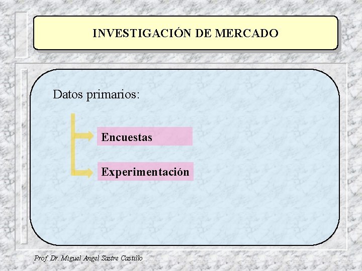 INVESTIGACIÓN DE MERCADO Datos primarios: Encuestas Experimentación Prof. Dr. Miguel Angel Sastre Castillo INVESTIGACIÓN DE MERCADO Datos primarios: Encuestas Experimentación Prof. Dr. Miguel Angel Sastre Castillo